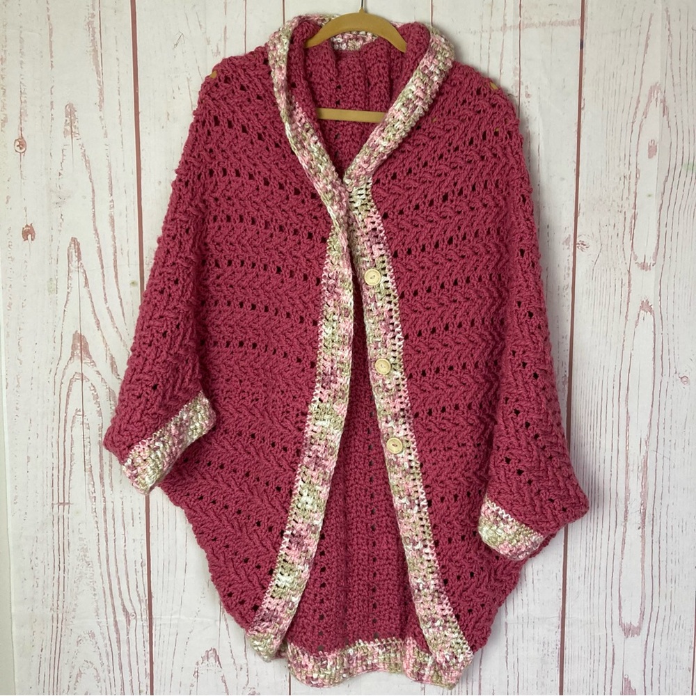 Crocheted Cardigan Sweater One Size Pink Button Handmade Batwing Sleeve Poncho